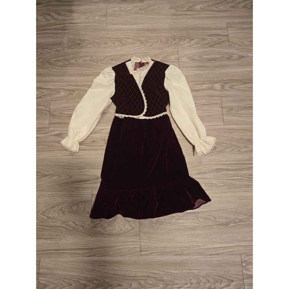 Vintage 80s Sears Girls Prairie Dress Velvet Quilted Bodice Lace Trim-Girls 12